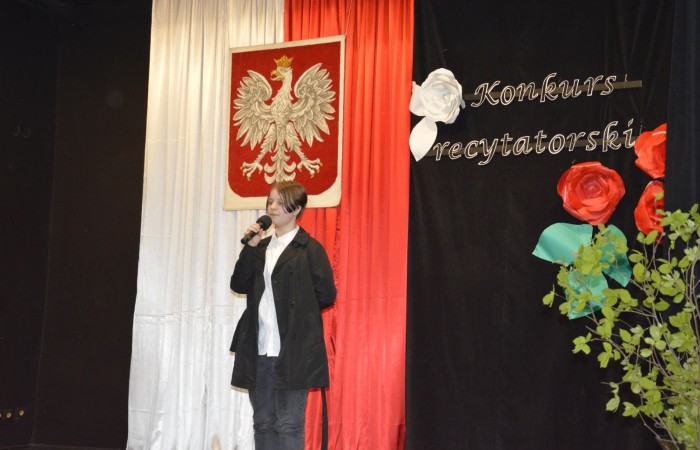 Konkurs rozpoczął występ zdolnych i uroczych dziewczynek z klasy czwartej, które pod kierunkiem p. Iwony Matukiewicz przygotowały na ten dzień poezję śpiewaną znanej polskiej wokalistki Sannah ,,Nic dwa razy się nie zdarza”.

Następnie, na tle przygotowanej przez p. Iwonę Matukiewicz scenografii, ze sceny popłynęły dziecięce wiersze Jana Brzechwy w wykonaniu najmłodszych recytatorów z klas IV. Uczniowie klas V zaprezentowali bajki Ignacego Krasickiego, natomiast uczniowie klas VI recytowali fraszki Jana Kochanowskiego. Klasy VII przypomniały wszystkim widzom utwory A. Mickiewicza oraz Cypriana Norwida. Najstarsi uczestnicy konkursu wygłosili z pamięci fragmenty ,,Pana Tadeusza” Adama Mickiewicza.