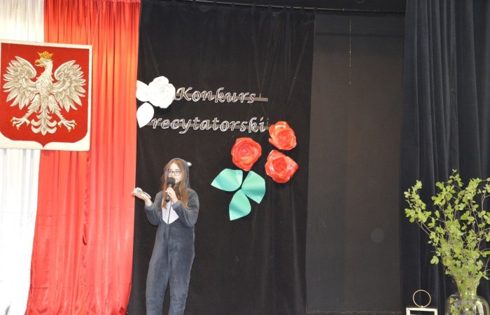 Konkurs rozpoczął występ zdolnych i uroczych dziewczynek z klasy czwartej, które pod kierunkiem p. Iwony Matukiewicz przygotowały na ten dzień poezję śpiewaną znanej polskiej wokalistki Sannah ,,Nic dwa razy się nie zdarza”.

Następnie, na tle przygotowanej przez p. Iwonę Matukiewicz scenografii, ze sceny popłynęły dziecięce wiersze Jana Brzechwy w wykonaniu najmłodszych recytatorów z klas IV. Uczniowie klas V zaprezentowali bajki Ignacego Krasickiego, natomiast uczniowie klas VI recytowali fraszki Jana Kochanowskiego. Klasy VII przypomniały wszystkim widzom utwory A. Mickiewicza oraz Cypriana Norwida. Najstarsi uczestnicy konkursu wygłosili z pamięci fragmenty ,,Pana Tadeusza” Adama Mickiewicza.