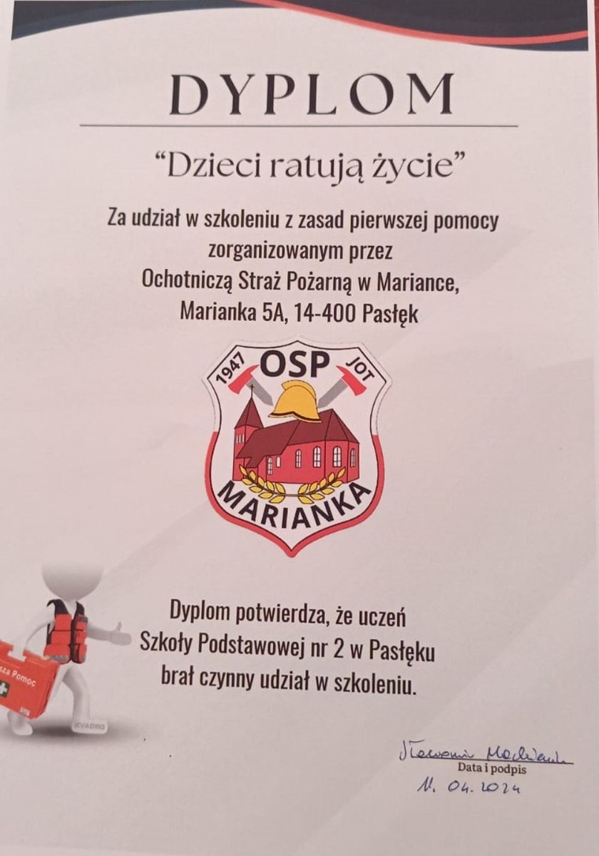 Za nami kolejne spotkanie ze strażakami z OSP Marianka, JRG 3 w Pasłęku oraz wolontariuszkami z Zespołu Szkół w Pasłęku w ramach akcji „Dzieci ratują życie”. Tym razem przyszła kolej na uczniów klas trzecich. Tradycyjnie już, nasi podopieczni mieli okazję do zgłębienia „tajników” pracy strażaków, utrwalenia numeru alarmowego, zasad postępowania podczas wzywania pomocy służb ratowniczych, a także udzielania pierwszej pomocy, opatrywania ran i złamań. Nie trzeba nikogo przekonywać, jak ważne jest przekazywanie wiedzy i kształtowanie praktycznych umiejętności w tym zakresie, na każdym etapie edukacji. 
Dzięki naszym wspaniałym gościom kształcimy małych ekspertów, którzy z pewnością będą wiedzieli jak zachować się w sytuacji zagrożenia.
