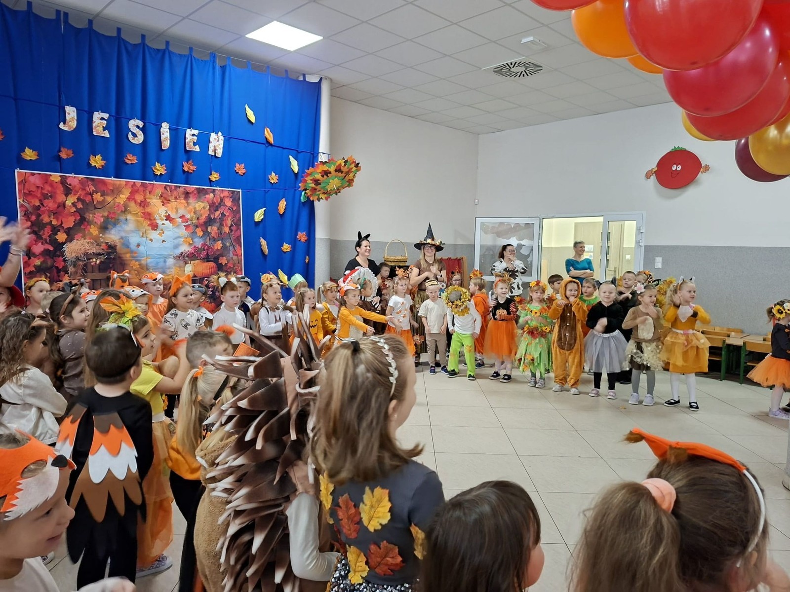 W dniu dzisiejszym w naszym przedszkolu odbył się wyjątkowy i długo wyczekiwany Bal Jesieni. W wydarzeniu wzięły udział wszystkie grupy: Biedronki, Sówki, Leśne Skrzaty oraz Pszczółk oraz dzieci z grup Krasnele i Sówki z Przedszkola Samorządowego nr 1 w Pasłęku, które u nas goszczą od września.
Od samego rana w przedszkolu panowała radosna atmosfera – dzieci przybyły w przepięknych, kolorowych strojach inspirowanych jesienią. Wśród nich można było zobaczyć dynie, jeże, ślimaki, liście, kasztanki, grzybki, wiewiórki, a nawet same Pani Jesienie!
Po powitaniu przez Panie Dyrektor i Wicedyrektor, rozpoczęły się jesienne zabawy i tańce. Wszystkie dzieci wykazały się ogromnym zaangażowaniem, a cała uroczystość odbywała się w duchu radości i wspólnej zabawy.
Nie zabrakło również piosenek i tańców o jesieni – rozbrzmiały takie przeboje z repertuaru dziecięcego Wspólne śpiewanie i tańce przyniosły wszystkim mnóstwo uśmiechu i energii.
Ponadto odbyła się pamiątkowa sesja zdjęciowa w jesiennej scenerii – wśród kolorowych liści, koszy z darami jesieni i szerokich uśmiechów dzieci. 
Jednym z najważniejszych punktów dnia był pokaz jesiennych strojów na niebieskim dywanie. Dzieci z dumą prezentowały swoje przebrania, pozując do zdjęć niczym prawdziwe gwiazdy jesiennego pokazu mody. Publiczność nagradzała ich gromkimi brawami, a w powietrzu czuć było radość i dumę z własnych kreacji.
Bal Jesieni był dniem pełnym barw, muzyki, śmiechu i wspólnej zabawy. Takie wydarzenia integrują dzieci, uczą współpracy, rozwijają kreatywność i pozwalają dostrzec piękno otaczającej nas przyrody. 