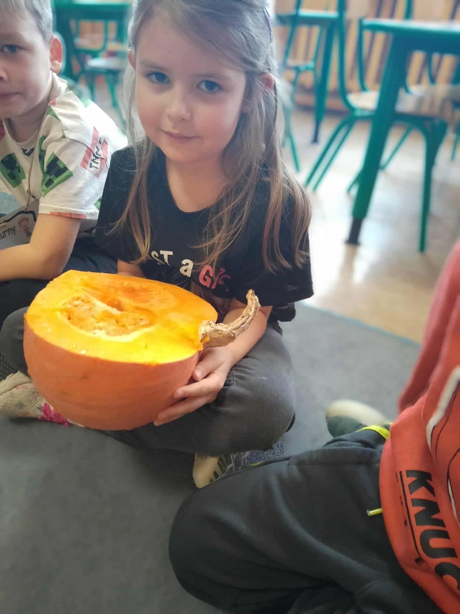 31 października nasze przedszkole zamieniło się w prawdziwą dyniową krainę! W salach królował kolor pomarańczowy, a wszędzie można było zobaczyć uśmiechnięte buzie dzieci i  dynie w różnych kształtach i rozmiarach.Przedszkolaki chętnie brały udział w zabawach muzyczno-ruchowych oraz zajęciach plastycznych z dynią w roli głównej.
Dzieci dowiedziały się, że dynia to nie tylko piękna ozdoba jesieni, ale również zdrowe i smaczne warzywo, z którego można przygotować wiele pysznych potraw.Na zakończenie dnia dzieci otrzymały dyniowe medale oraz pamiątkowe dyplomy,świadczące o ich udziale i zaangażowaniu w obchody tego święta.
To był dzień pełen radości, kolorów ,niezapomnianych wrażeń i jesiennej magii.
